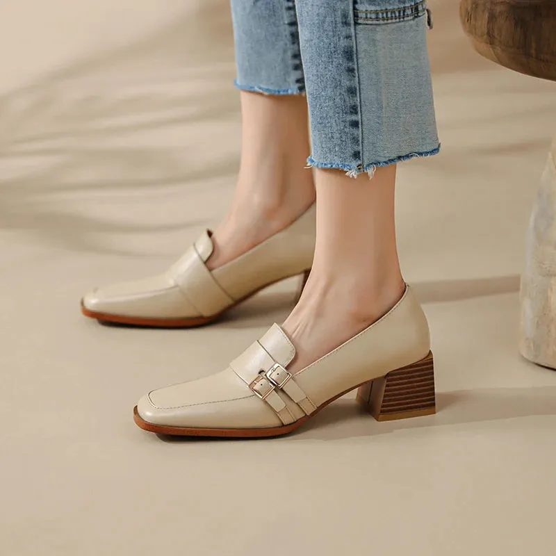 2024 New Genuine Leather Women Shoes Fashion Square Toe Slip-On Shallow Pumps  Thick Heel Spring Shoes Women Zapatos De Mujer