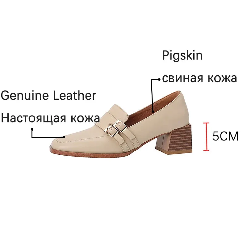 2024 New Genuine Leather Women Shoes Fashion Square Toe Slip-On Shallow Pumps  Thick Heel Spring Shoes Women Zapatos De Mujer