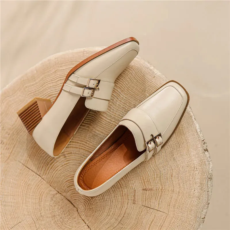 2024 New Genuine Leather Women Shoes Fashion Square Toe Slip-On Shallow Pumps  Thick Heel Spring Shoes Women Zapatos De Mujer