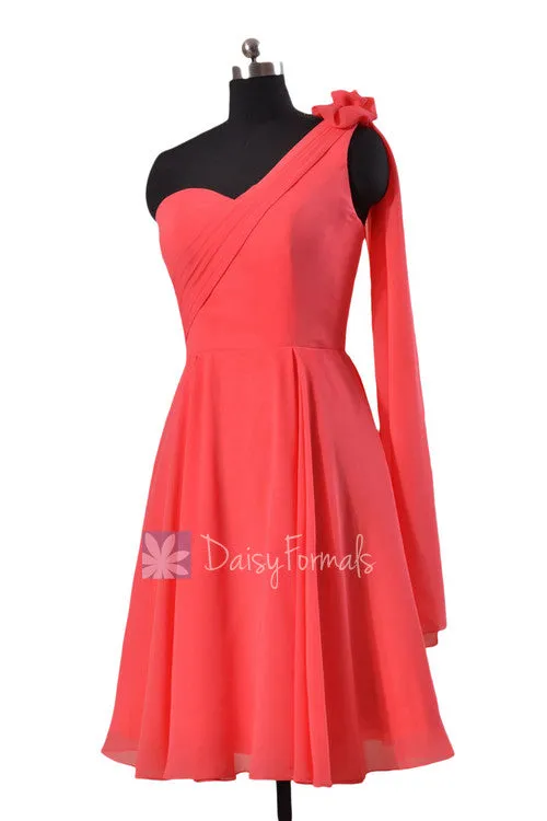 Asymmetrical One Shoulder Chiffon Bridesmaid Dress Short Coral Red Dress for Beach wedding (BM2423)