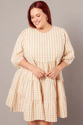 Beige Check Puff 3/4 Sleeve Gingham Smock Dress