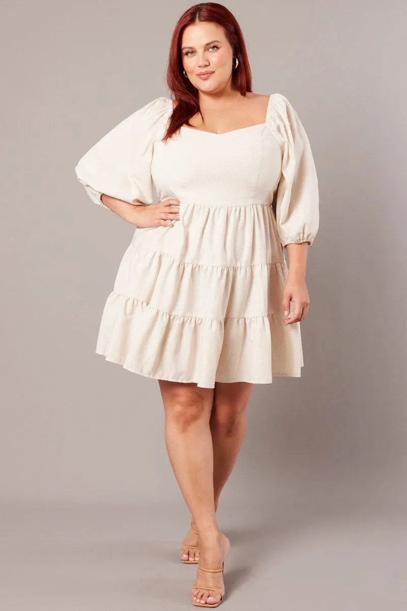 Beige Puff Three Quarter Sleeve Sweetheart Neck Dress