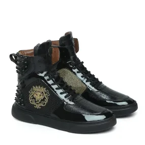 Black Studded Leather Sneakers with Patent Detailing Golden Beads Lion Zardosi