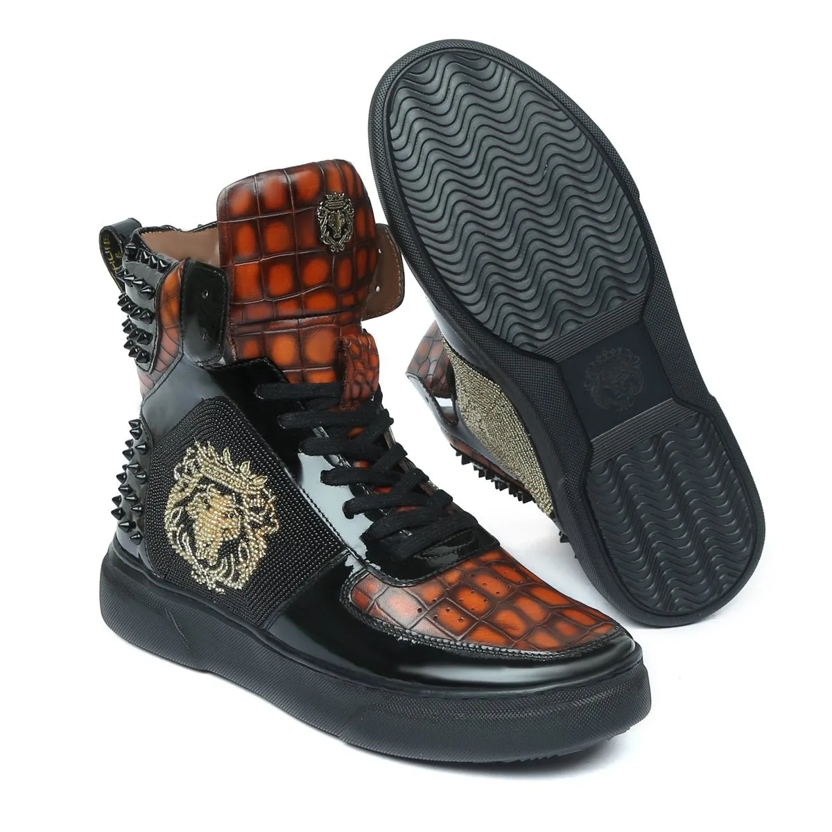 Black Studded Leather Sneakers with Patent Detailing Smokey Orangish Golden Beads Lion Zardosi