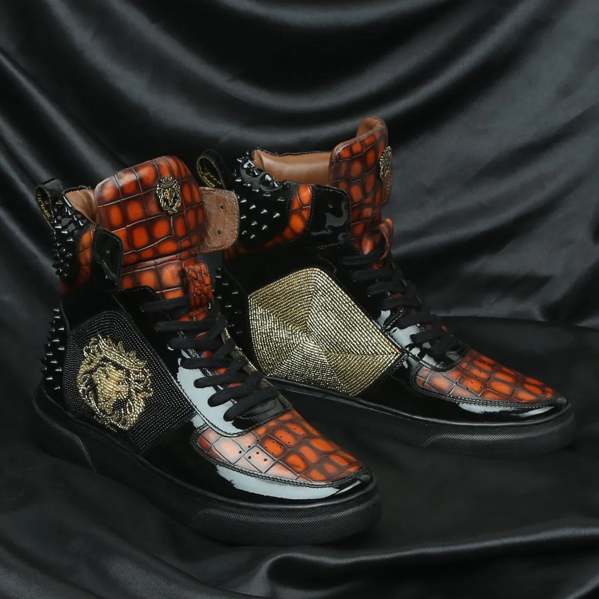 Black Studded Leather Sneakers with Patent Detailing Smokey Orangish Golden Beads Lion Zardosi