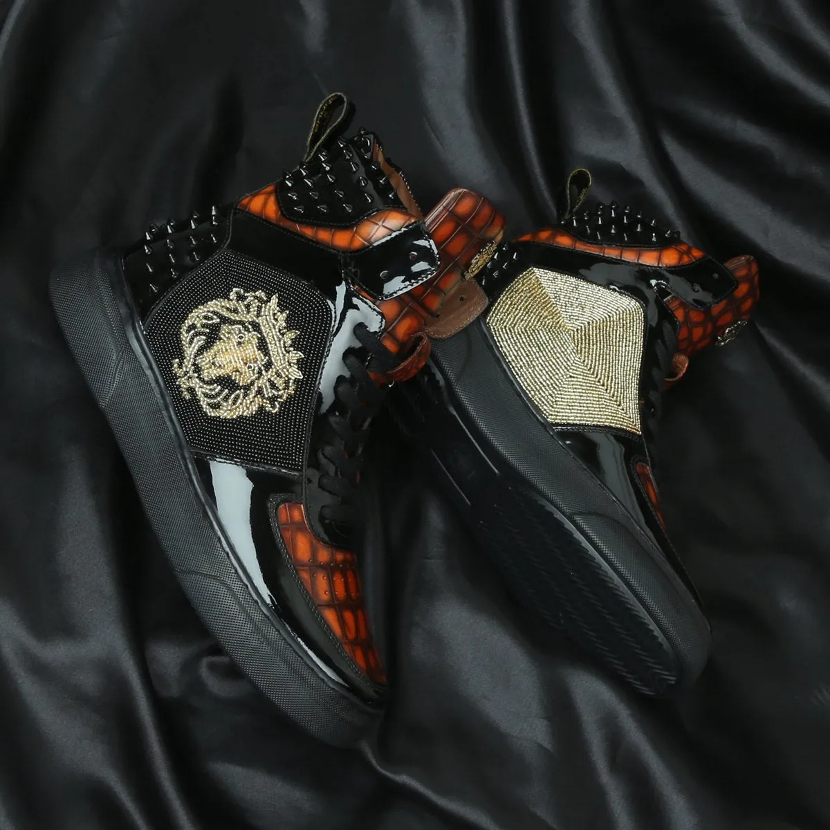 Black Studded Leather Sneakers with Patent Detailing Smokey Orangish Golden Beads Lion Zardosi