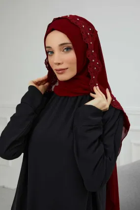 Chiffon Shawl with Handmade Unique Lace & Stone Accessories for Women, Modesty Instant Turban Cap Hat Head Wrap Stylish Long Headscarf,PS-24