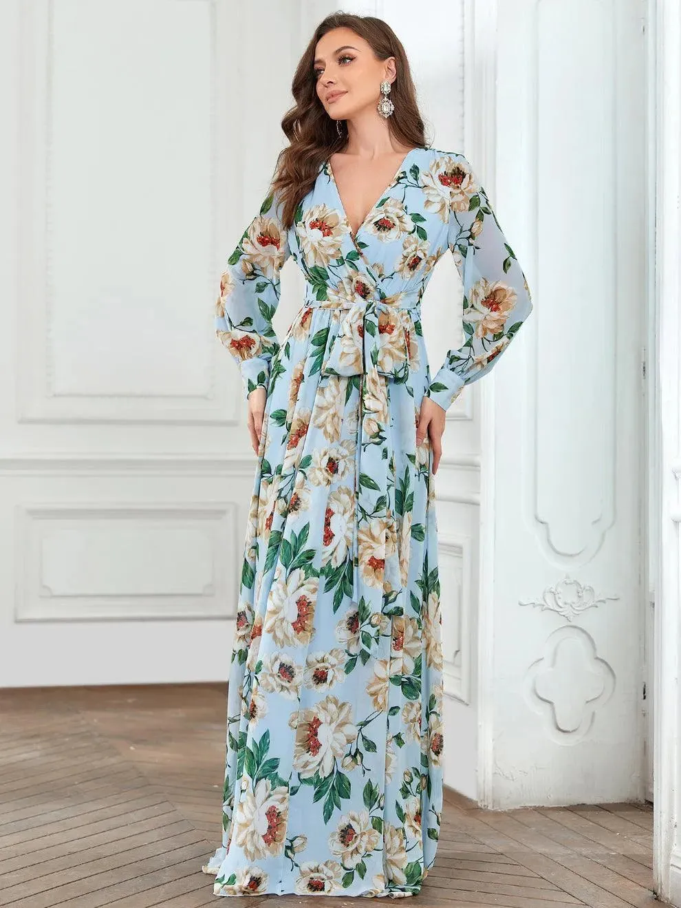 Elegant V Neck Long Sleeve Chiffon Floral Print Dress