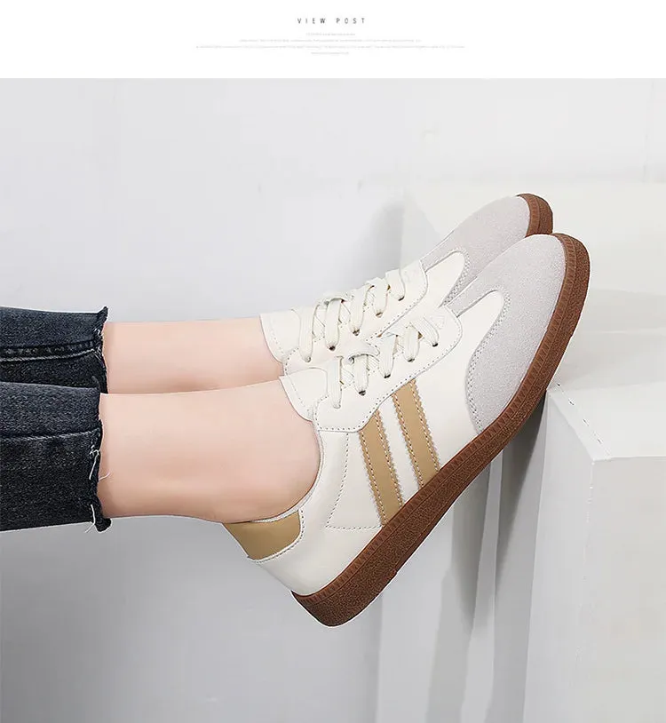 Flat Luxury Shoes Women Autumn Classic Ladies Sneakers Leather Retro Low Cut Lace -up Casual Round Toe Grey White