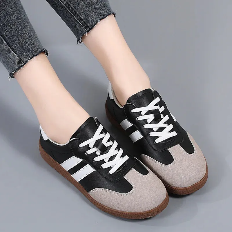 Flat Luxury Shoes Women Autumn Classic Ladies Sneakers Leather Retro Low Cut Lace -up Casual Round Toe Grey White