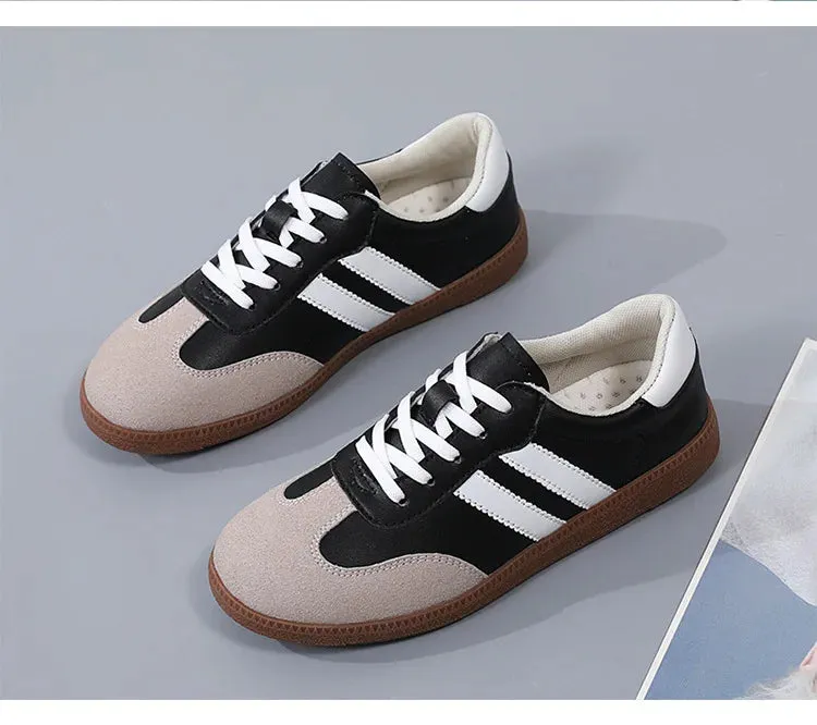 Flat Luxury Shoes Women Autumn Classic Ladies Sneakers Leather Retro Low Cut Lace -up Casual Round Toe Grey White