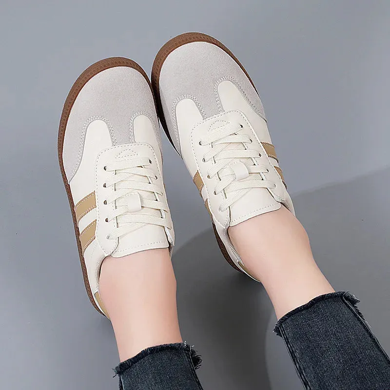 Flat Luxury Shoes Women Autumn Classic Ladies Sneakers Leather Retro Low Cut Lace -up Casual Round Toe Grey White