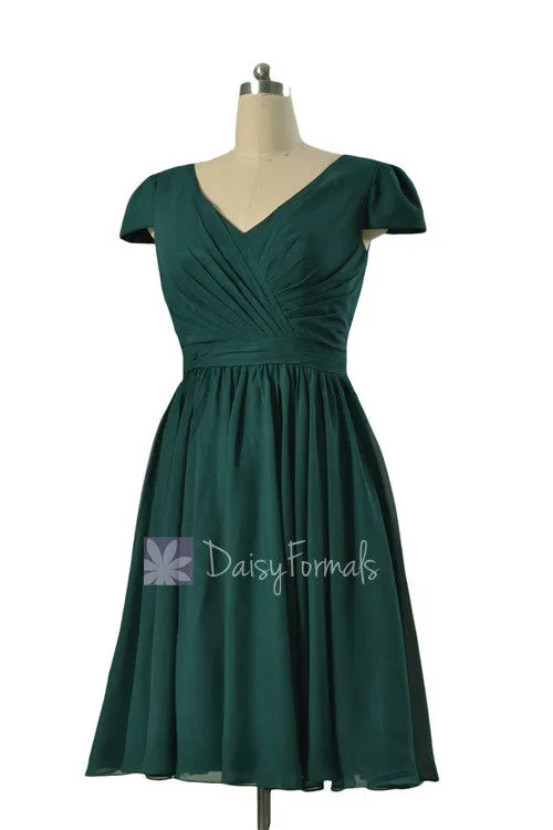 Plus Size Short Chiffon Bridal Party Dress Rich Peacock Bridesmaid Dress W/Cap Sleeves(BM5192S)