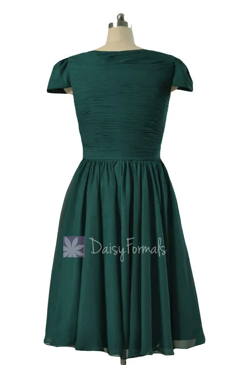 Plus Size Short Chiffon Bridal Party Dress Rich Peacock Bridesmaid Dress W/Cap Sleeves(BM5192S)