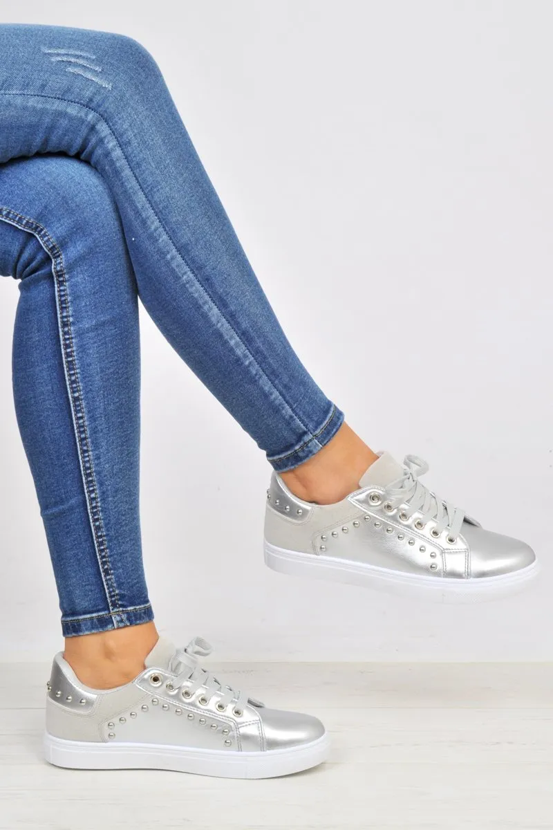 Silver Lace Up Studded Trainers - Danaly