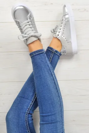 Silver Lace Up Studded Trainers - Danaly