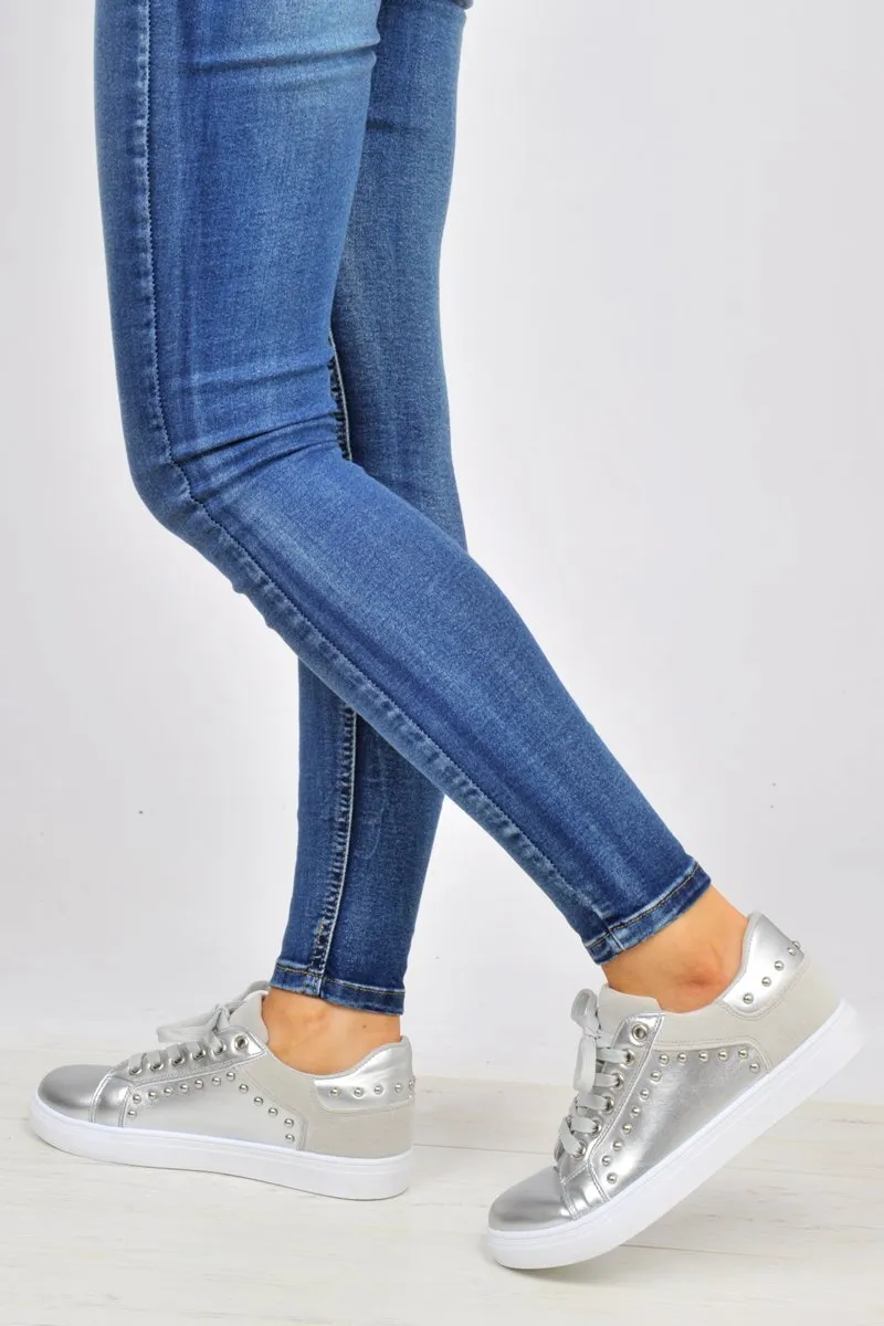 Silver Lace Up Studded Trainers - Danaly