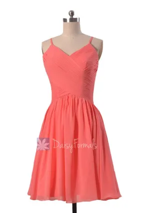 Soft Chiffon Bridesmaid Dress Short Coral Formal Dress W/Spaghetti Straps(BM8515)