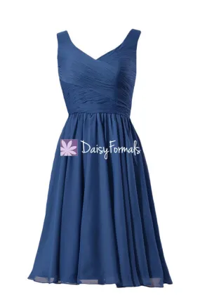 Sophisticated Blue Chiffon Dress Short Prussian Blue Bridesmaid Dress Party Dress(BM5196S)