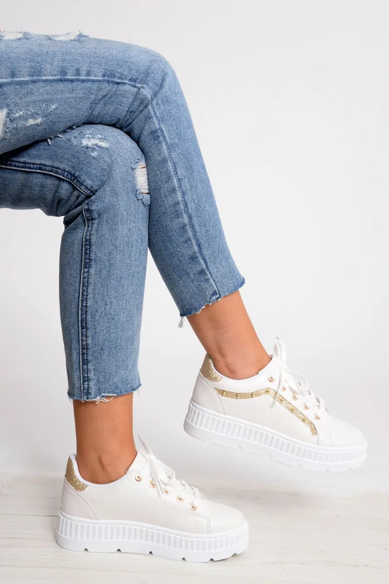 White And Gold Studded Platform Trainers - Gem