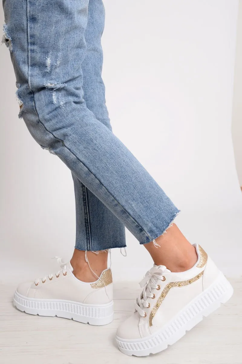 White And Gold Studded Platform Trainers - Gem